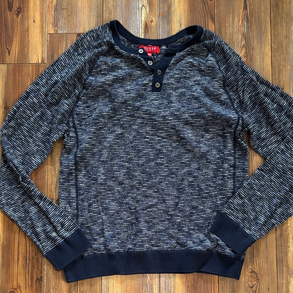 Guess Navy and Black Henley Sweater Large